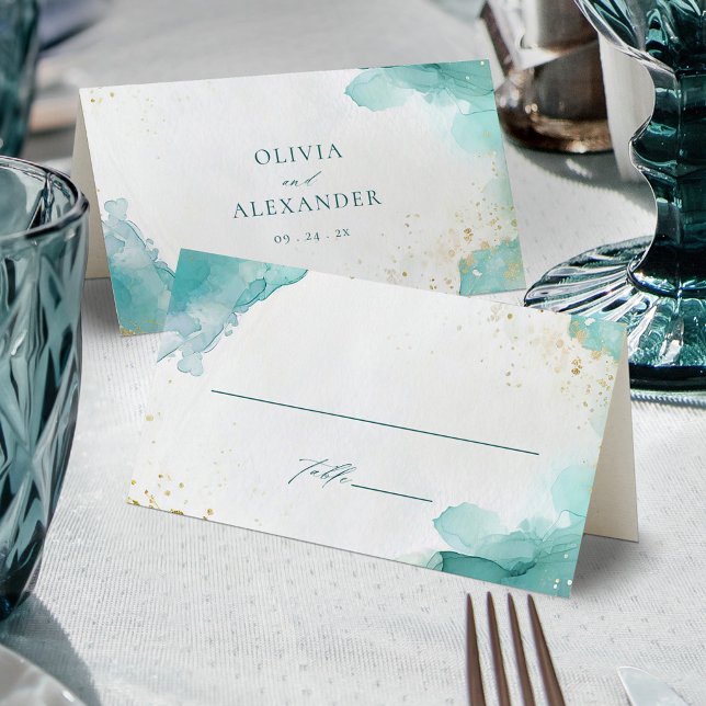 Modern Teal Gold Abstract Beach Wedding Platzkarte (Von Creator hochgeladen)
