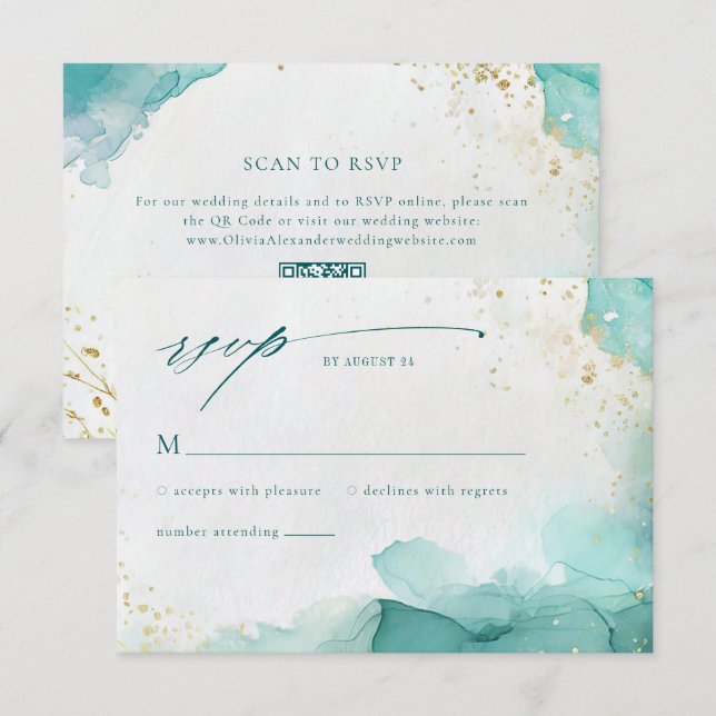 Modern Teal Gold Abstract Beach Wedding QR Code RSVP Karte (Vorne/Hinten)