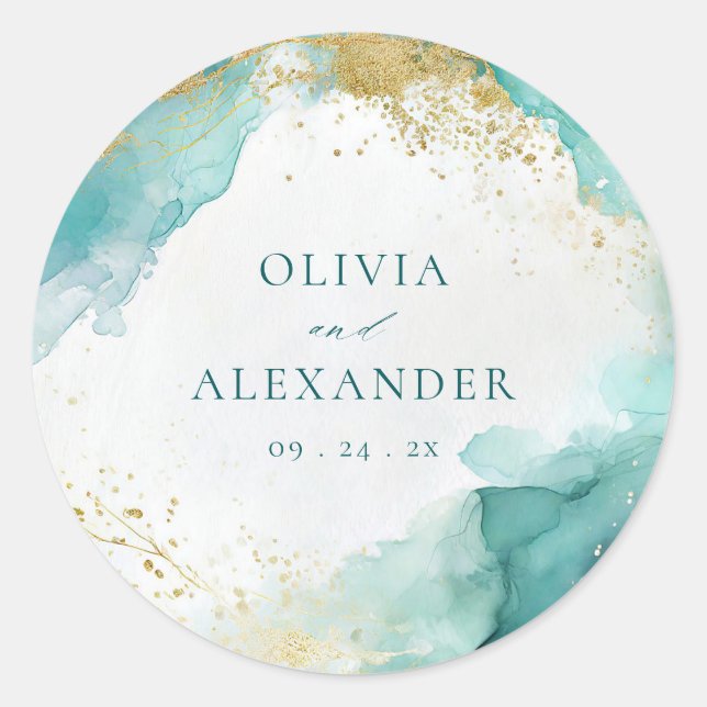 Modern Teal Gold Abstract Beach Wedding  Runder Aufkleber (Vorderseite)