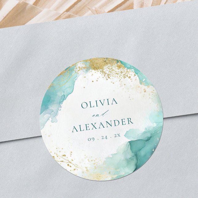 Modern Teal Gold Abstract Beach Wedding  Runder Aufkleber (Von Creator hochgeladen)