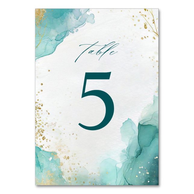 Modern Teal Gold Abstract Beach Wedding Tischnummer (Vorderseite)
