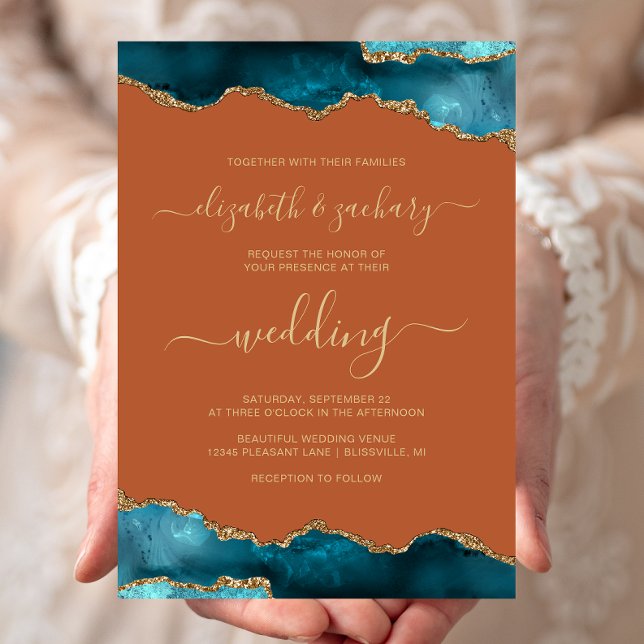 Modern Teal Gold Agate Script Burnt Orange Wedding Einladung (Von Creator hochgeladen)