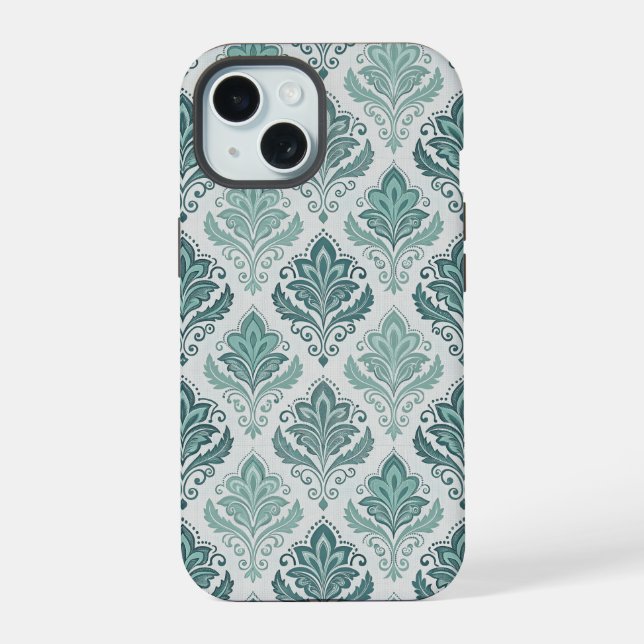 Modern Teal Nordic Damask iPhone 15 Hülle (Rückseite)