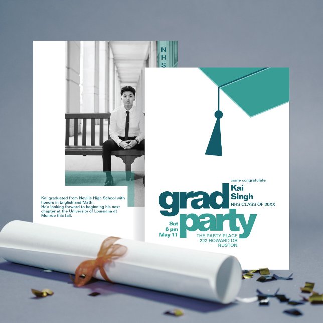 Modern Teal Typography & Tassel Grad Party Photo Einladung (Von Creator hochgeladen)