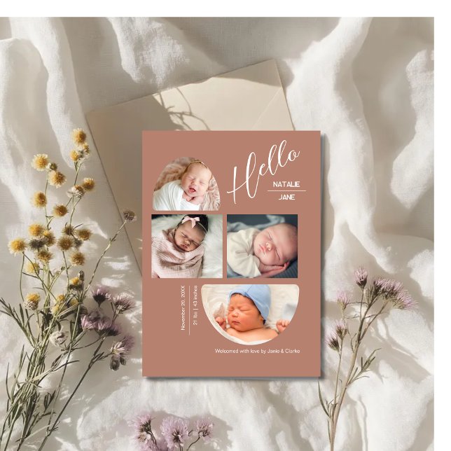 Modern Terracotta 4 Baby Photo Collage Birth  Ankündigung (Von Creator hochgeladen)