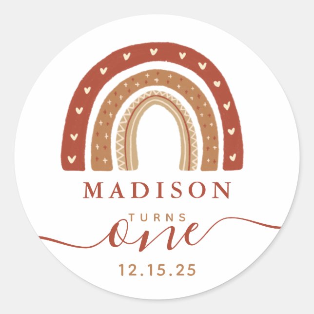 Modern Terracotta Boho Rainbow Birthday Runder Aufkleber (Vorderseite)