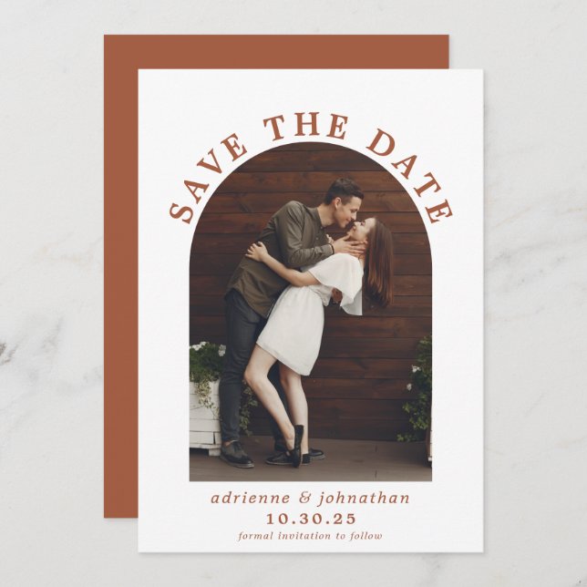 Modern Terracotta Burnt Orange Boho Arch Foto Save The Date (Vorne/Hinten)