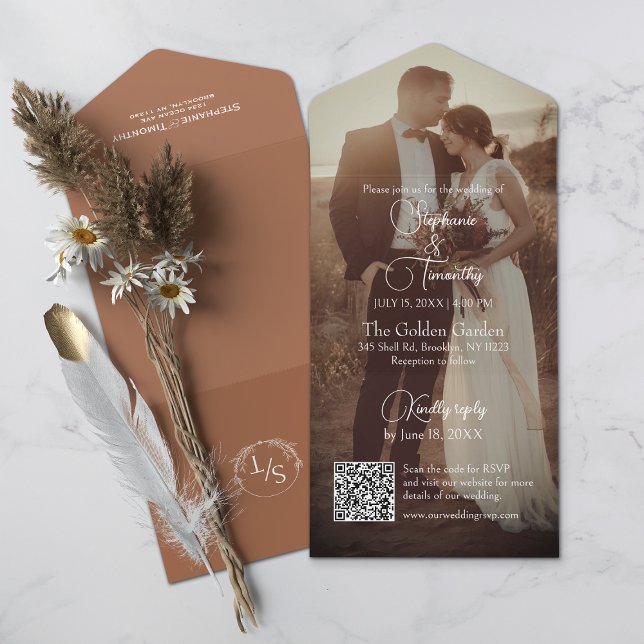 Modern Terracotta | Burnt Orange Foto Wedding All In One Einladung (All-in-one wedding invitation with QR code to RSVP - Simplify and save time for you and your guests.)