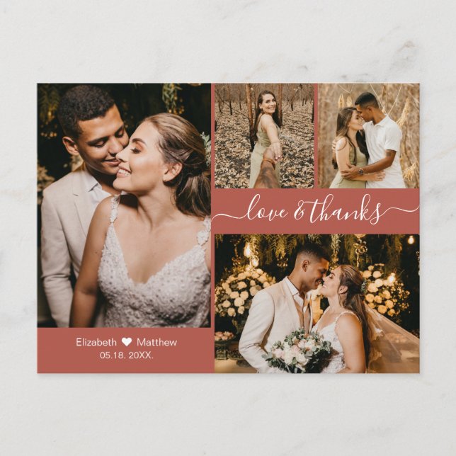 Modern Terracotta Foto Collage Wedding Vielen Dank Postkarte (Vorderseite)