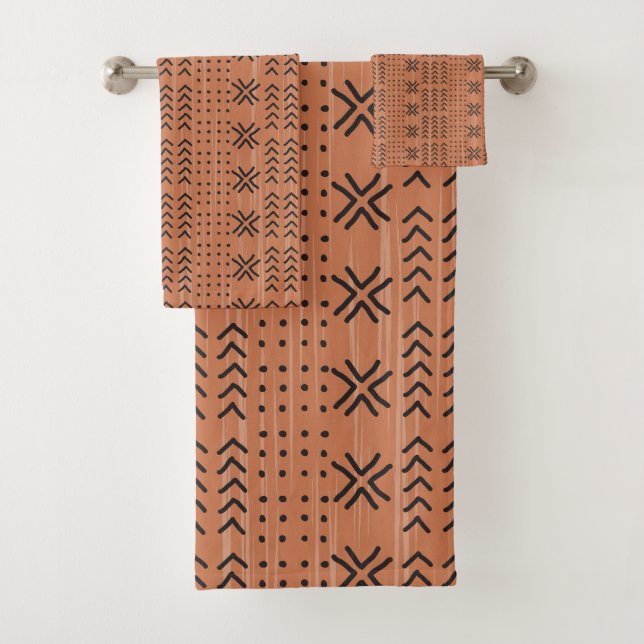 Modern Terracotta Mudcloth African Pattern Badhandtuch Set (Insitu)