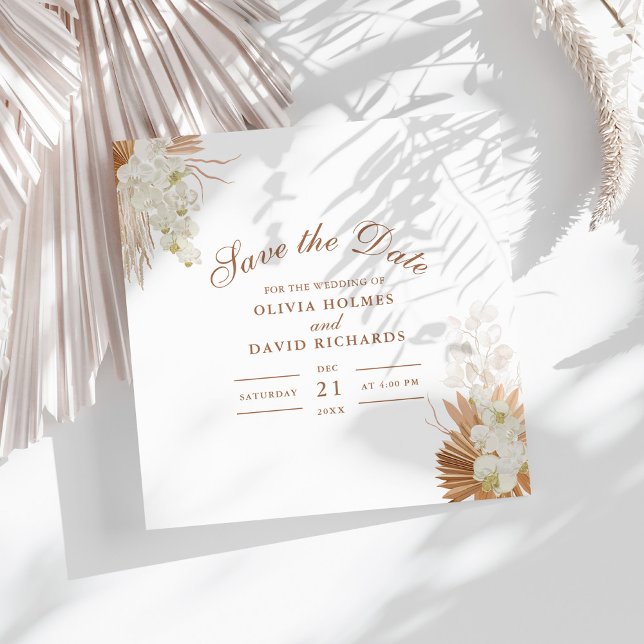 Modern Terracotta Pampas Grass Orchids Hochzeit Save The Date (Modern Terracotta Pampas Grass Orchids Wedding Save The Date on a sunny white table.
)
