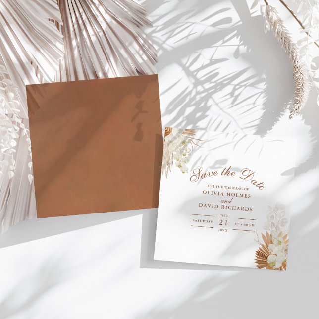 Modern Terracotta Pampas Grass Orchids Hochzeit Save The Date (Modern Terracotta Pampas Grass Orchids Wedding Save The Date on a sunny white table.)