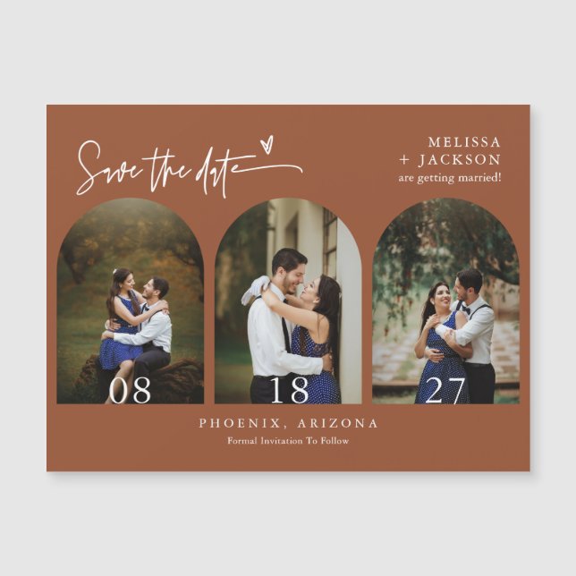 Modern Terracotta Save the Date Tri Arch Foto Magnetkarte (Vorderseite)