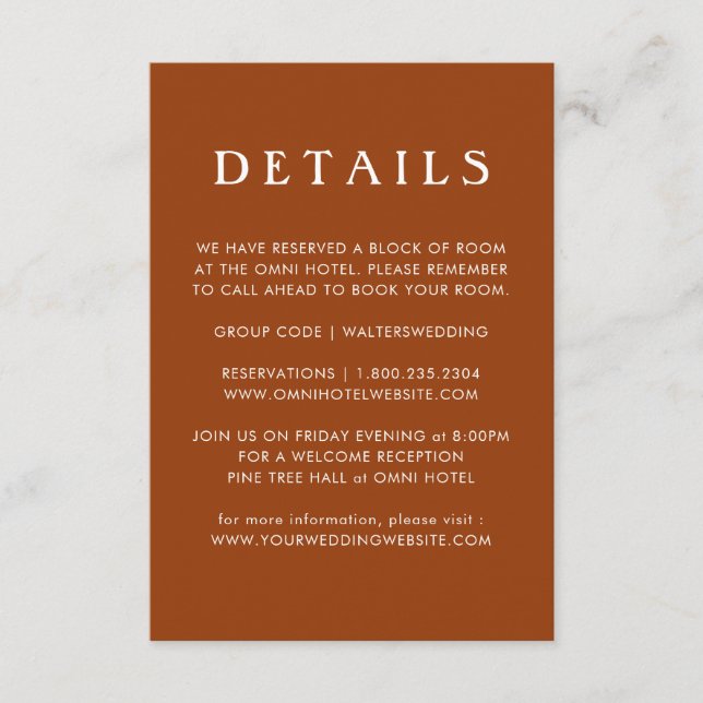 Modern Terracotta Wedding Details Karte (Vorderseite)