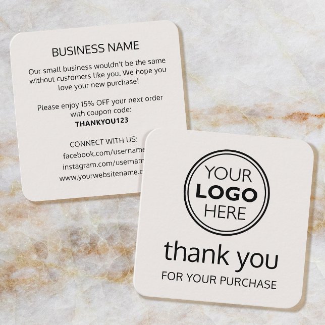 Modern Thank You Logo Small Business Off-White Quadratische Visitenkarte (Von Creator hochgeladen)