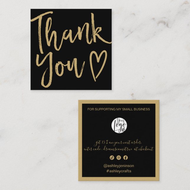 Modern thank you script order gold black quadratische visitenkarte (Vorne/Hinten)
