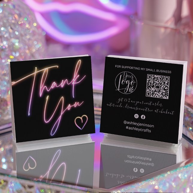 Modern thank you script order neon Qr code Quadratische Visitenkarte (Modern thank you script order neon Qr code Square Business Card)