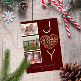 Modern Three Foto Red Joyful Joyful Christmas Herz Folien Feiertagskarte