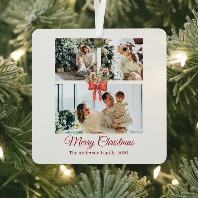 Modern Three-Photo Holiday Family Collage Ornament Aus Metall (InSitu)