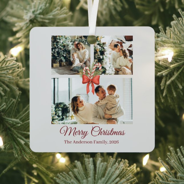Modern Three-Photo Holiday Family Collage Ornament Aus Metall (InSitu)
