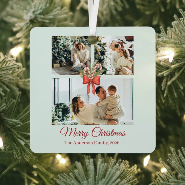Modern Three-Photo Holiday Family Collage Ornament Aus Metall (InSitu)