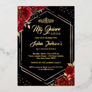 Modern Tiara Floral Red Gold Quinceanera Folieneinladung