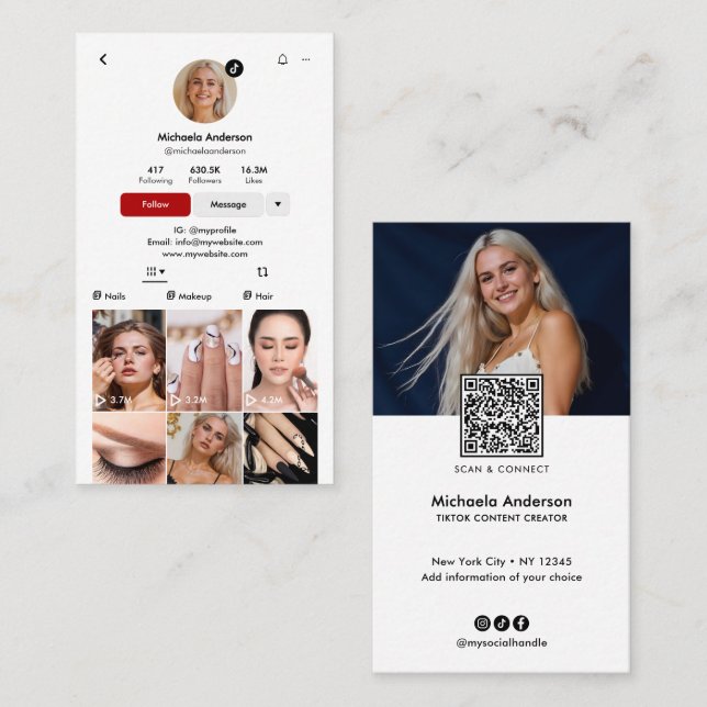 Modern TikTok Influencer QR Code & Socials Visitenkarte (Vorne/Hinten)