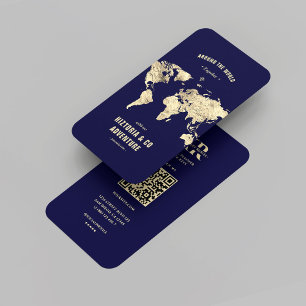 Modern Travel Planner Midnight Blue Gold World Map Visitenkarte