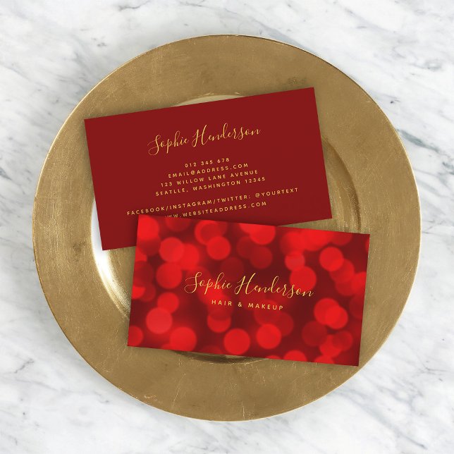 Modern Trendy Calligraphy Ruby Red Bokeh Lights Visitenkarte (Von Creator hochgeladen)