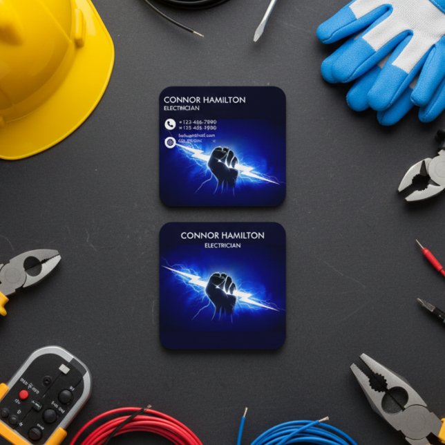 Modern Trendy Cool Blue Lightning Electrician Busi Quadratische Visitenkarte (Von Creator hochgeladen)