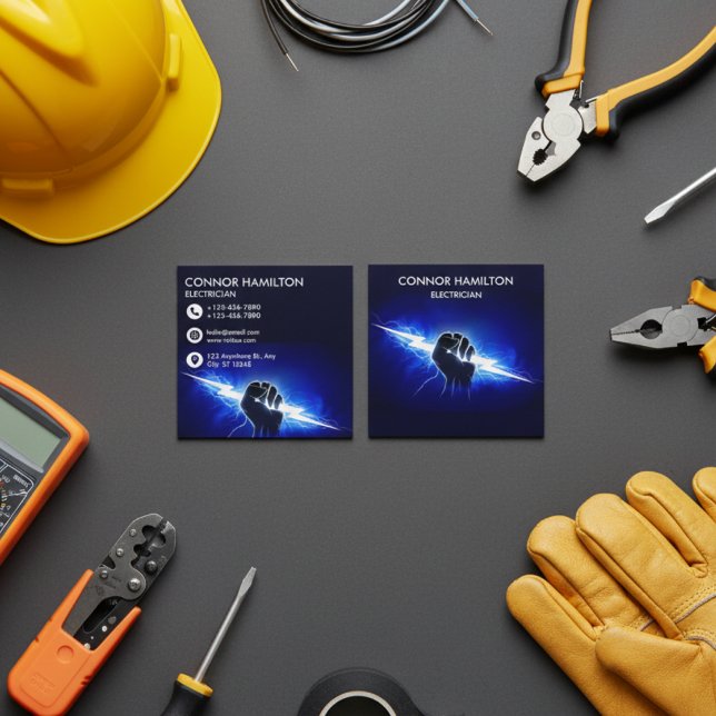 Modern Trendy Cool Blue Lightning Electrician Busi Quadratische Visitenkarte (Von Creator hochgeladen)