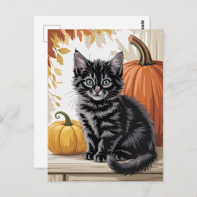 Modern Trendy Halloween Pumpkins and Black Cat  Postkarte (Vorne/Hinten)