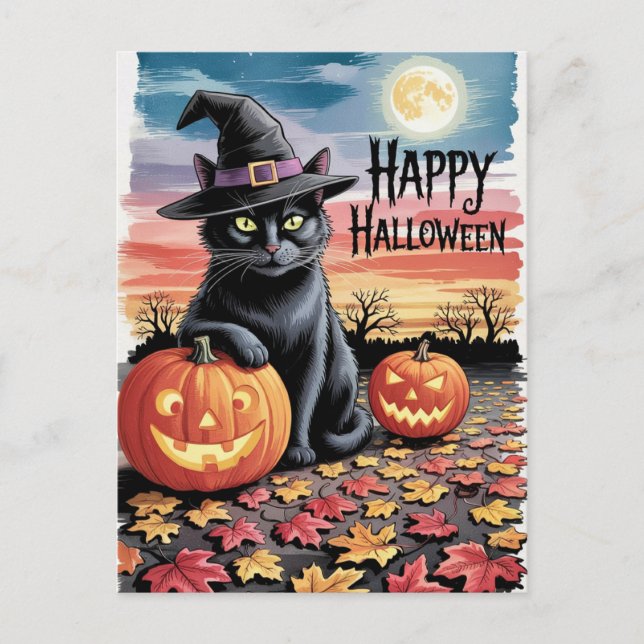 Modern Trendy Halloween Pumpkins and Black Cat  Postkarte (Vorderseite)