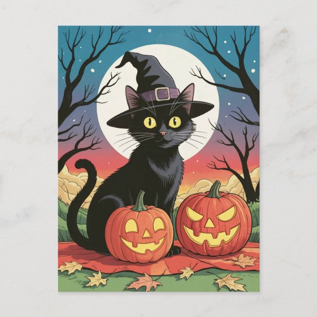Modern Trendy Halloween Pumpkins and Black Cat  Postkarte (Vorderseite)