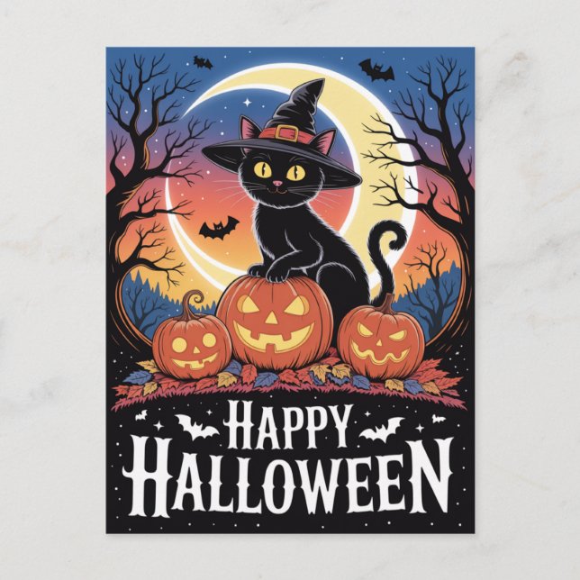 Modern Trendy Halloween Pumpkins and Black Cat  Postkarte (Vorderseite)