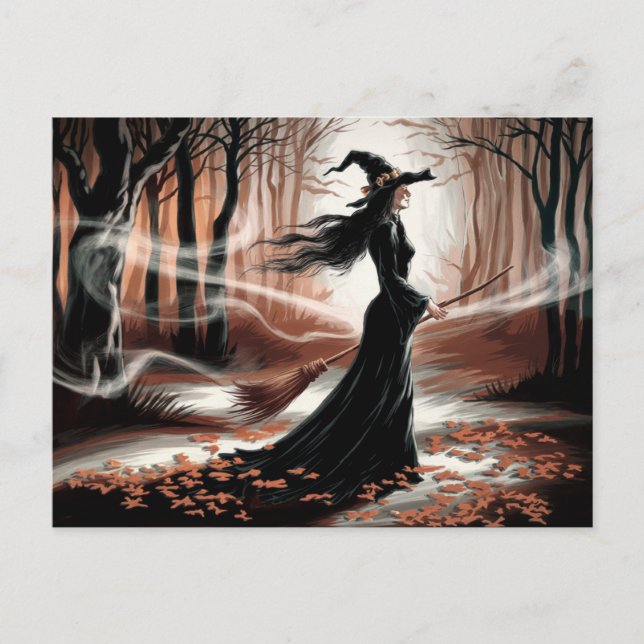 Modern Trendy Halloween Witch in Forest            Postkarte (Vorderseite)