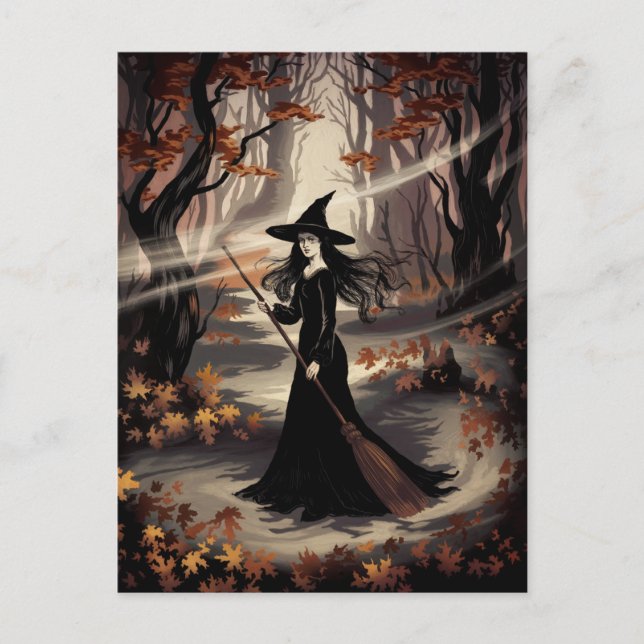 Modern Trendy Halloween Witch in Forest            Postkarte (Vorderseite)