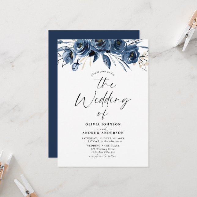 Modern Trendy Navy Blue Watercolor Floral Wedding Einladung (Vorderseite/Rückseite Beispiel)