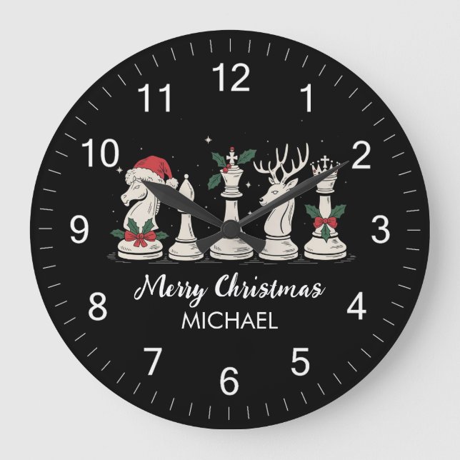 Modern Trendy Personalized Chess Pieces Christmas  Große Wanduhr (Vorderseite)