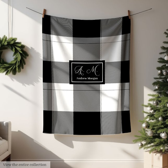 Modern Trendy Plaid in Black & White for Him Custo Fleecedecke (Modern Trendy Plaid in Black & White for Him Custom)
