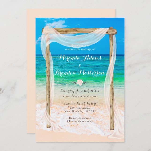 Modern Tropical Blue Beach Arbor Boho Hochzeit Einladung (Vorne/Hinten)