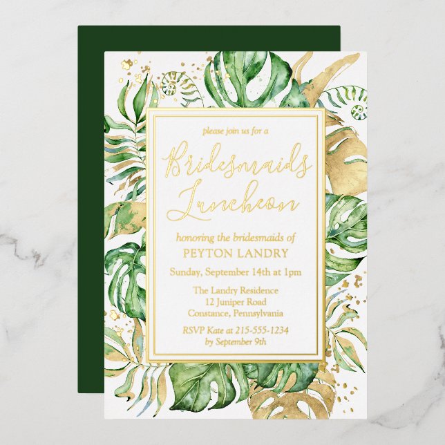 Modern Tropical Bridesmais Luncheon Gold Folieneinladung (Vorderseite/Rückseite)