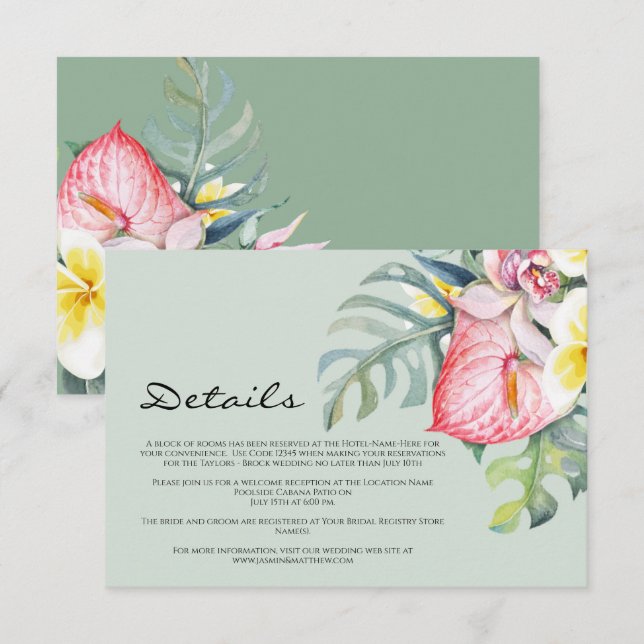 Modern Tropical Floral Hawaii Wedding Begleitkarte (Vorne/Hinten)