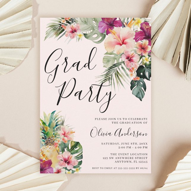 Modern Tropical Floral Pink Graduation Party Einladung (Von Creator hochgeladen)