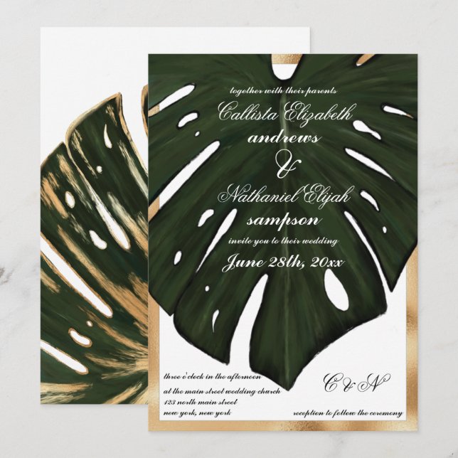 Modern Tropical Green Gold Monstera Leaf Wedding Einladung (Vorne/Hinten)