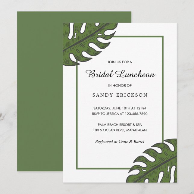 Modern Tropical Green Palm Leaf Bridal Luncheon Einladung (Vorne/Hinten)