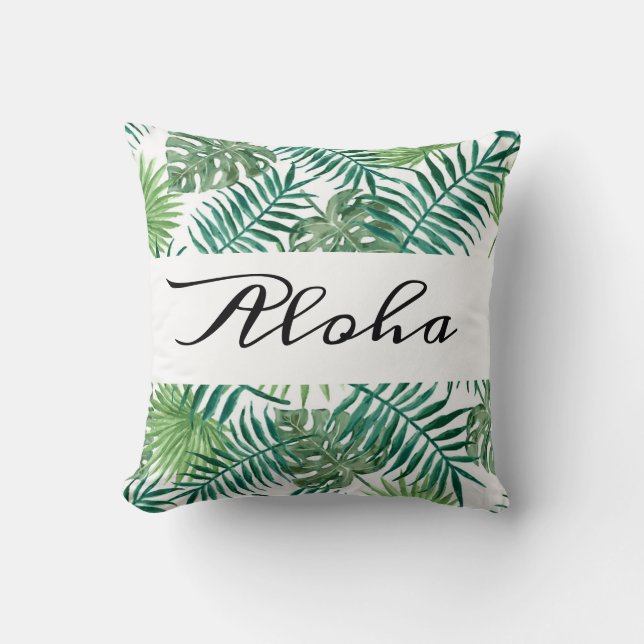 Modern Tropical Palm Blätter Grüne Aloha Kissen (Vorderseite)
