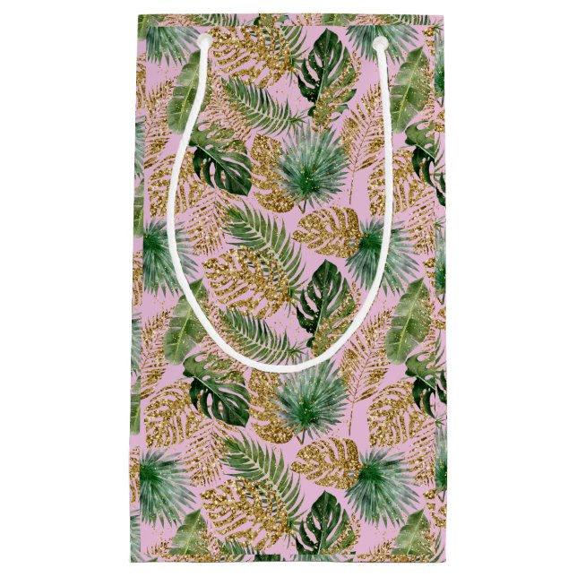 Modern Tropical Palm Blätter Monstera Gold Glitzer Kleine Geschenktüte (Vorderseite)