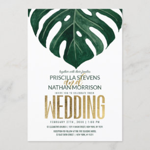 Modern Tropical Swiss Cheese Leaf Gold Hochzeit Einladung