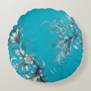 Modern Türkisblau mit Ornament-Silber Rundes Kissen